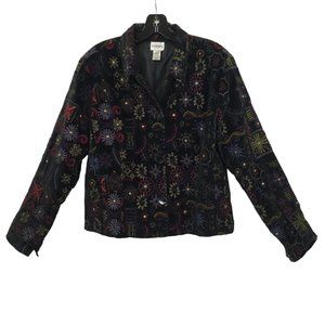 Chicos Black Velvet Embroidered Jacket Blazer 1 US M Boho Artsy Career Studded